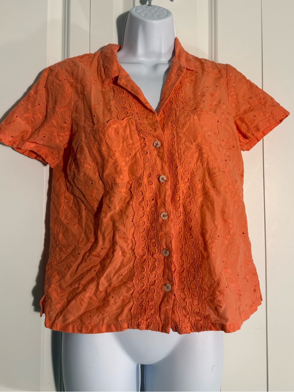 Anthropologie Coral Eyelet Button-Front Short Sleeve Shirt